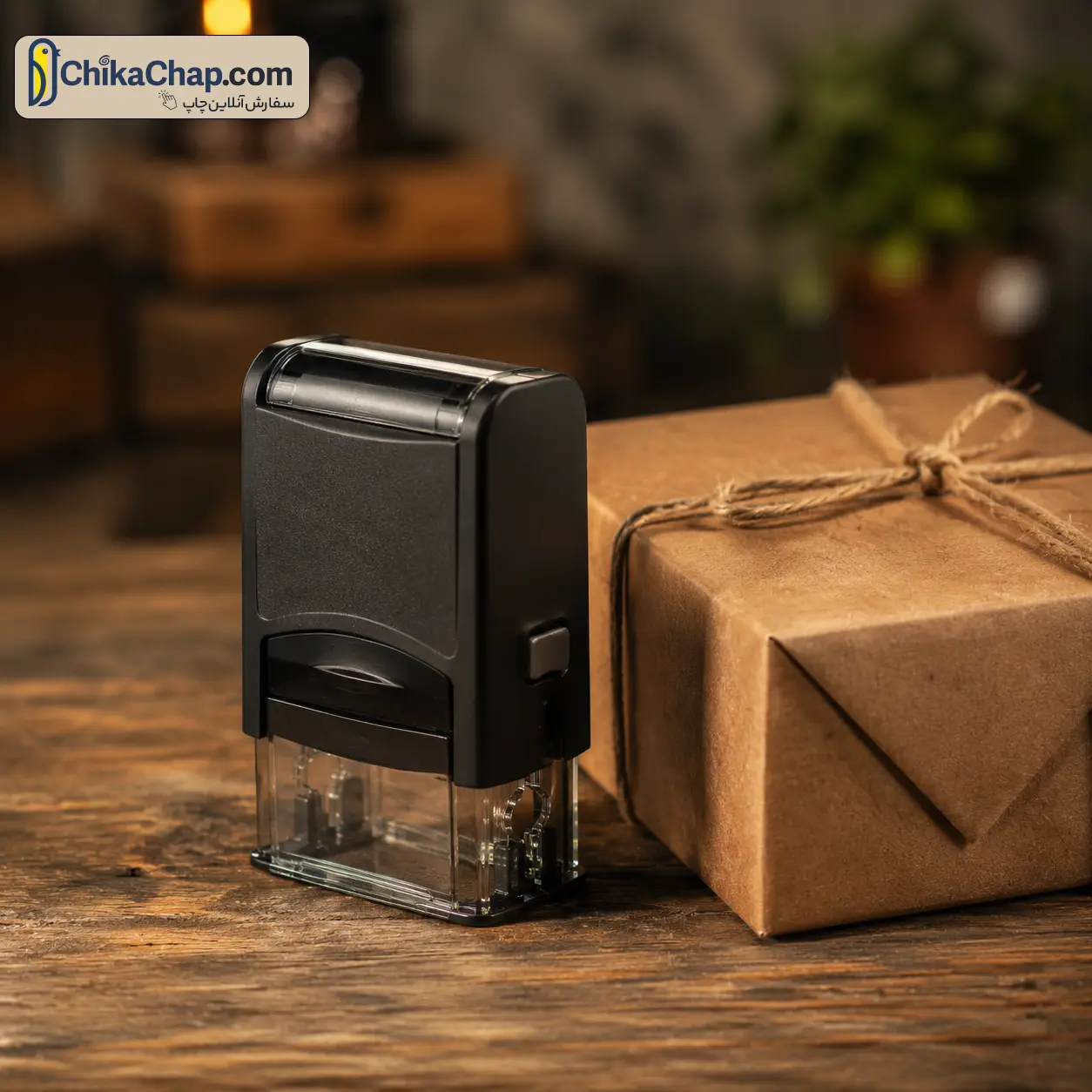 کاربرد مهر اتوماتیک در بسته&zwnj;بندی پاکت کرافت روی میز چوبی
